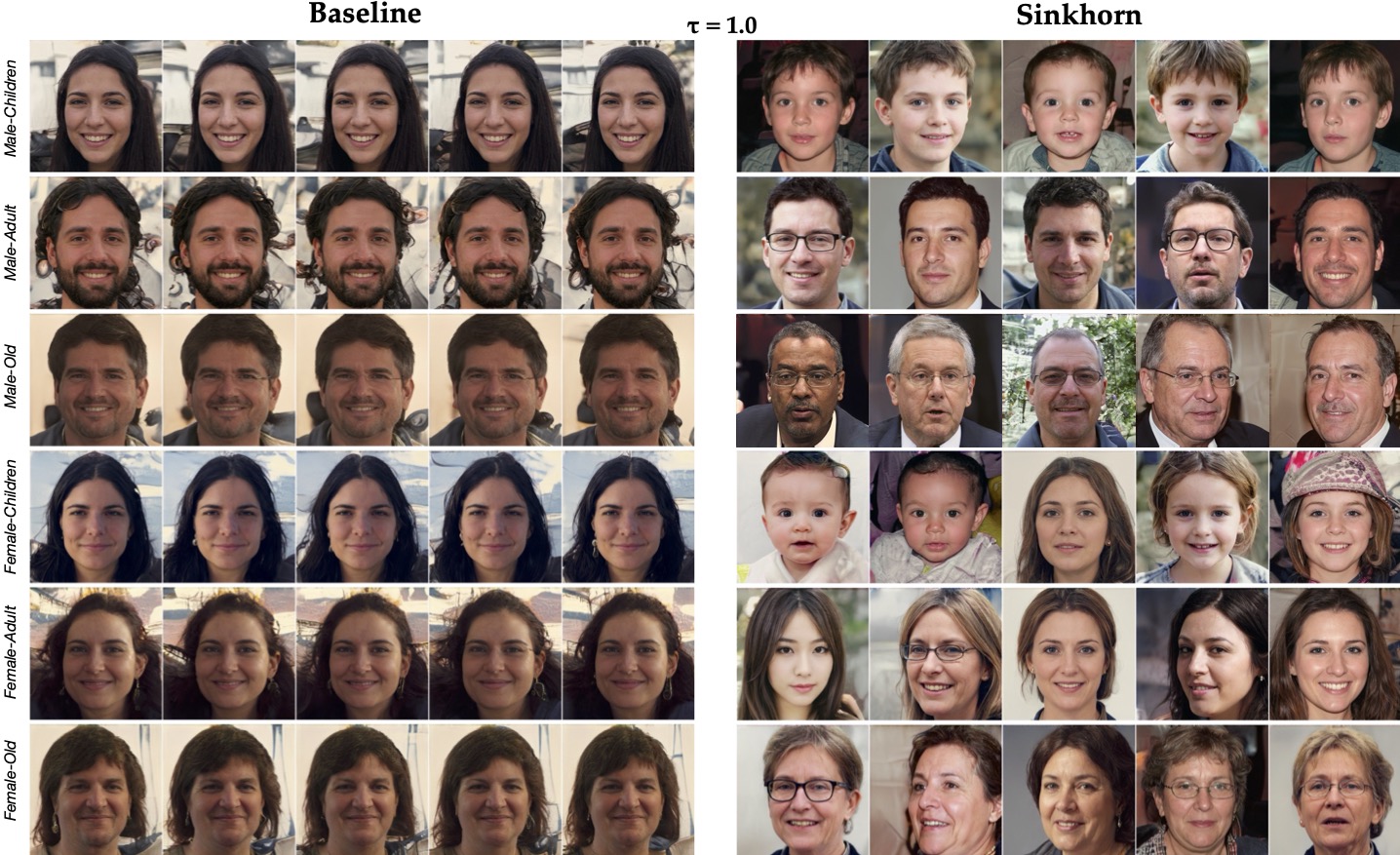 FFHQ-ALAE qualitative comparison at tau 1.0.
